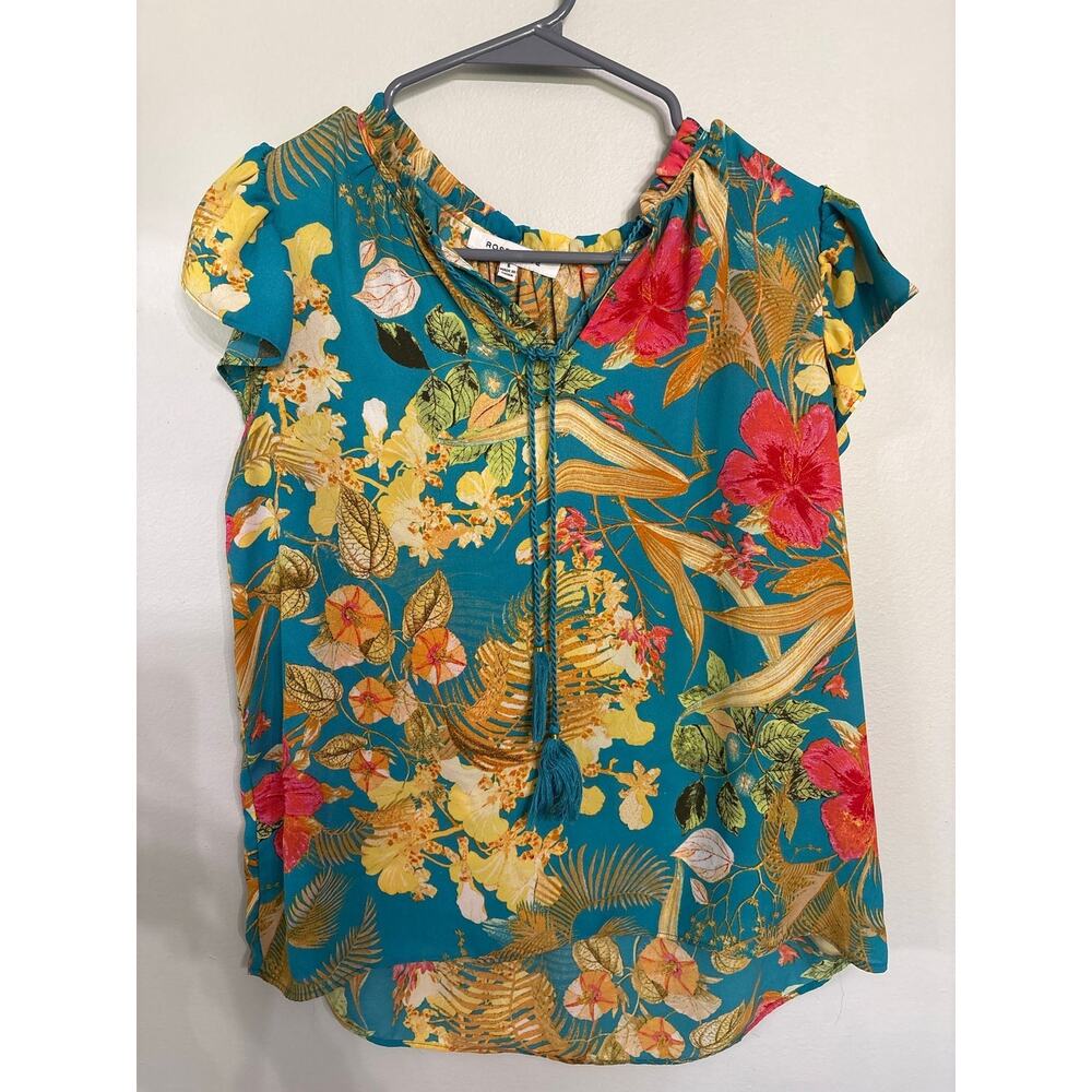 Rose + Olive Tropical Floral Blouse | Tassel Tie Neck | Size Small
